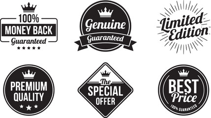 Obraz premium Premium quality vintage badge collection featuring money back and genuine guaranteed labels with royal crown ornaments cad drawing flat vector illustration elements