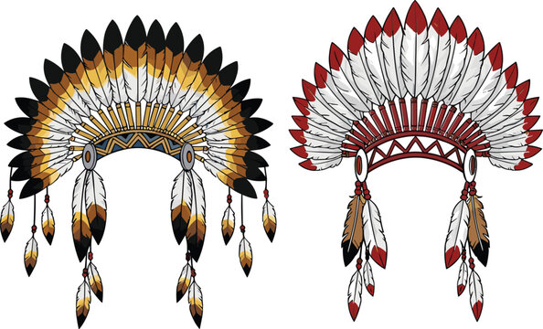 Native American Feather Headdress Set Featuring Traditional War Bonnets with Detailed Feathers in Ethnic Tribal Style for Cultural Heritage Illustration Design.