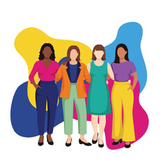 Obraz premium Four diverse women standing together with colorful abstract background.