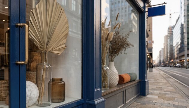 Streetfacing retail shop exterior with clean window displays and a rentable sign the blurred urban environment emphasizing the stores potential.