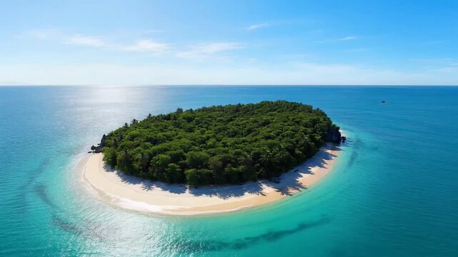 Aerial view of a tropical island with lush green trees and white sand