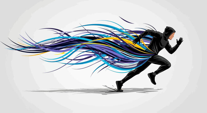 A dynamic illustration of a hooded runner in motion, leaving a vibrant, abstract trail of blue, purple, and yellow lines, symbolizing speed and energy.