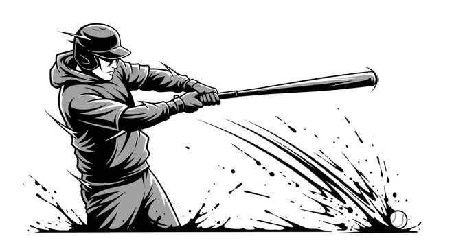 Dynamic black and white illustration of a baseball player hitting a ball with powerful swing and splash effects, showcasing intense sports action.
