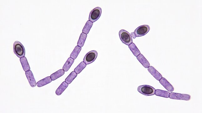 Purple segmented fungal spores under microscope.