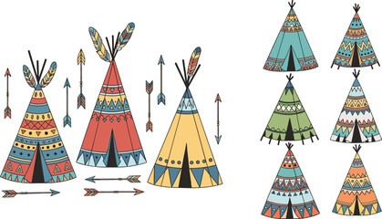 Native American Teepee Collection Featuring Colorful Tribal Tent Designs with Arrows and Decorative Patterns in Ethnic Boho Style for Cultural Illustration Design. © MstSuborna