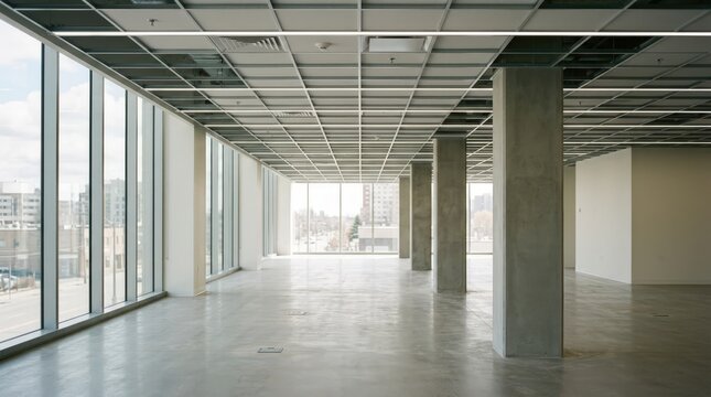 Finished vacant office floor plate captured in medium shot focusing on sleek columns and clear ceiling grid with softened window lines creating a modern commercial vibe.