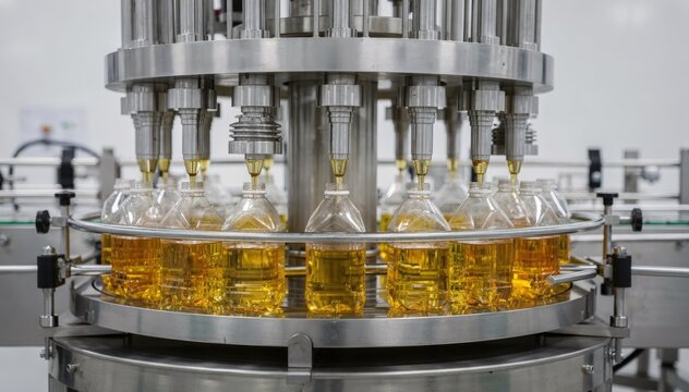 Medium shot of a rotary filling machine smoothly dispensing oil into clear quart bottles highlighting precision and clean modern packaging operations in a bright factory setting.