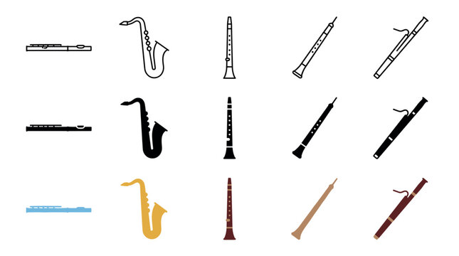 Woodwind musical instruments collection featuring various types and styles, including flutes, saxophones, clarinets, oboes, and bassoons, presented as icons in different colors and outlines.