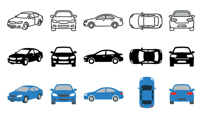 Various cars and vehicles presented in different styles and perspectives, including outline, silhouette, and colored illustrations, showcasing multiple angles like front, side, top, and rear views.