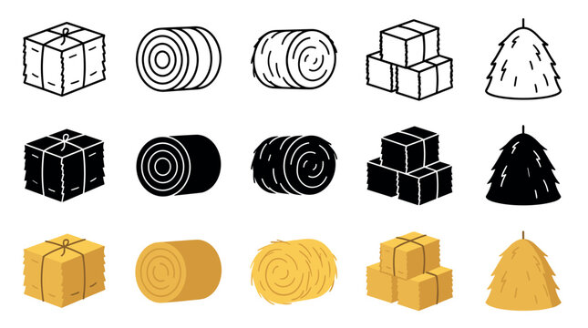 Hay and straw bales, stacks, and piles are illustrated as a diverse collection of farm icons, showcasing different styles and forms.