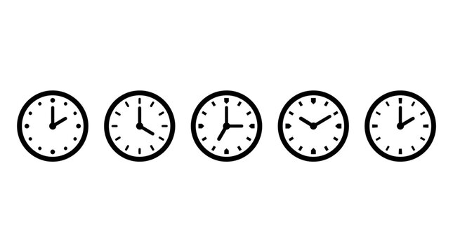 Five analog clocks in a row showing different times to symbolize global time zones, scheduling, and time management in business environments