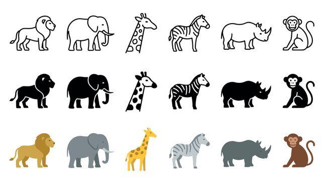 Safari animals icons set featuring various wildlife illustrations including lions, elephants, giraffes, zebras, rhinos, and monkeys in outline, silhouette, and flat color styles.