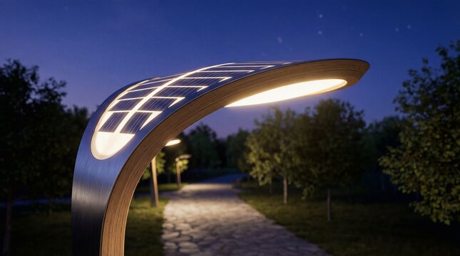 Modern street light with integrated solar panel illuminating a park path at night. Sustainable energy generation, eco-friendly infrastructure and green urban technology design concept.