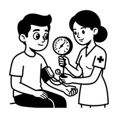 Fototapeta premium nurse measuring blood pressure of patient line drawing illustration vector clipart black and white