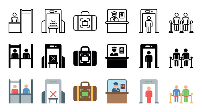 Airport security travel checkpoint icons and symbols collection representing various stages of passenger and luggage screening processes at an international terminal.