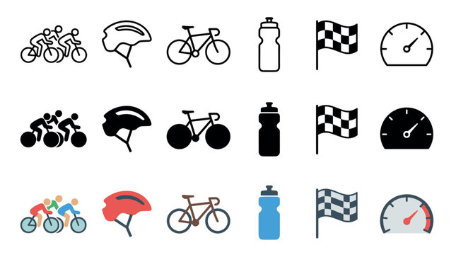 Cycling and racing icons collection featuring various elements like bicycles, helmets, flags, and speedometers in different styles.