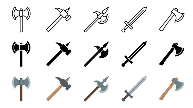 Medieval weapons icons set featuring various historical and fantasy armaments like axes, swords, and halberds in outline, solid, and colored flat design styles.