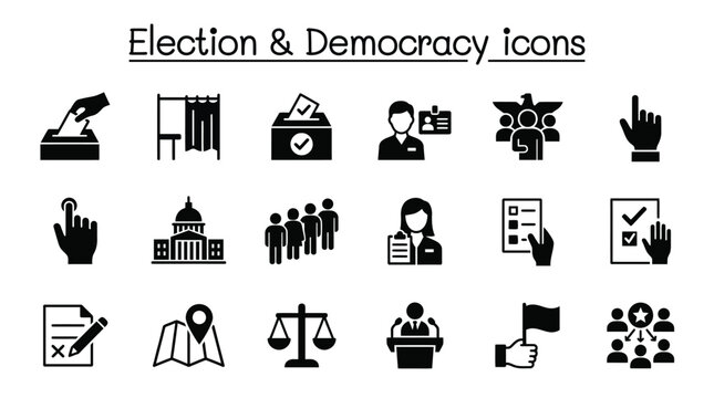 Vector graphic illustration of Elections and Democracy Icons Set, Black Vector Graphics, Political Symbols Vector