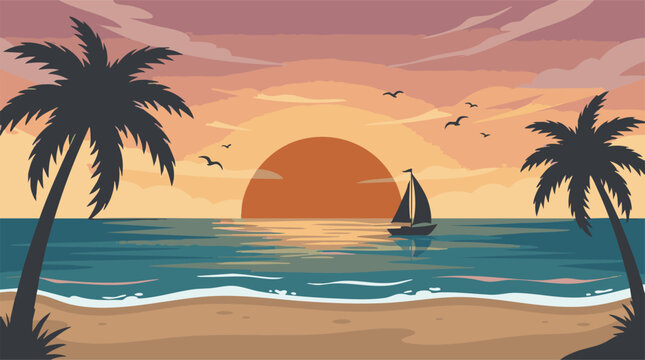Idyllic tropical sunset beach scene with palm trees and sailboat
