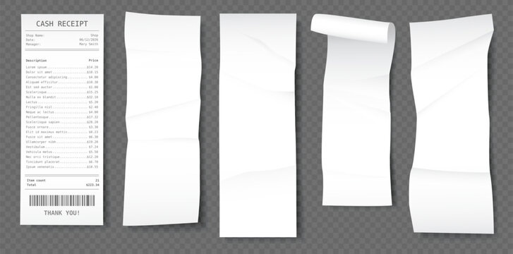Realistic paper shop bill mockup. Long supermarket financial receipt, supermarket, mall cash check, empty payment document, purchase documentation, retail transactions, qualitative vector set