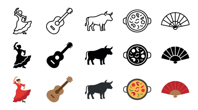 Spanish culture traditional elements set featuring a flamenco dancer, classical guitar, bull, paella pan, and folding fan in different styles.