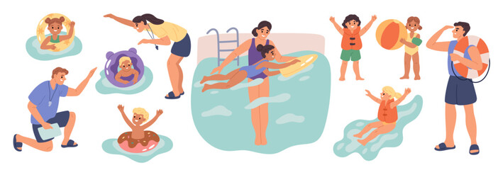 Obraz premium Pool safety children. Adults and kids, swim learning, trainers and rescuers, water sports, inflatable rings, life jackets, safety training, swimming lessons, garish vector cartoon flat set