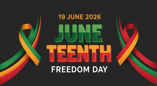Ribbons with green, yellow, red bands on a dark background, representing Juneteenth Freedom Day and celebrating emancipation and African-American culture