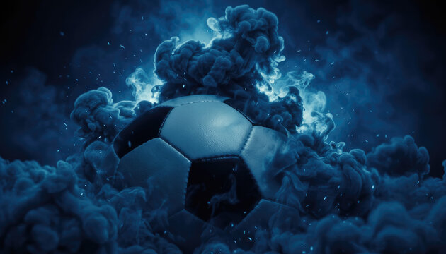 Cinematic Soccer Ball Amidst Explosive Blue Smoke and Dramatic Lighting