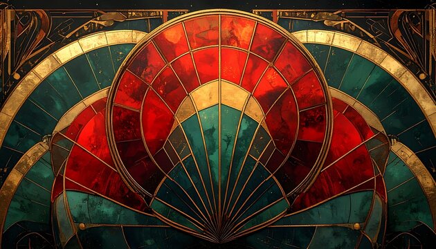 Opulent art deco fan of glass and gilt. Semicircles in ruby and turquoise form a rich, decorative motif