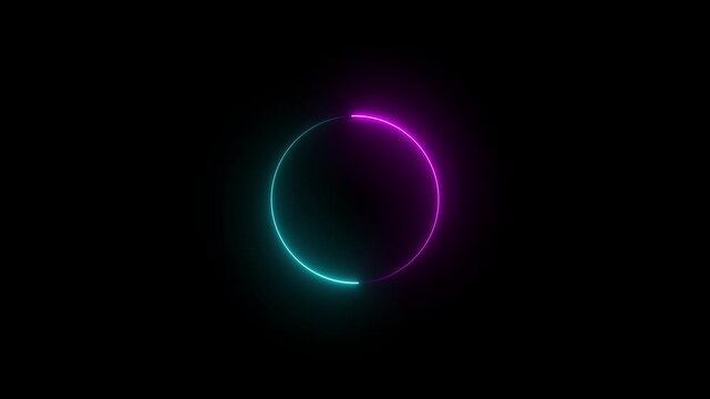 Abstract neon circle animation rotating and glowing against a dark background with futuristic digital. Cyan circle glow on the transparent background. alpha channel, seamless loop, 4K video