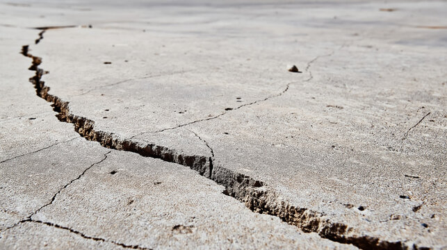 A large crack runs through a damaged concrete surface outdoors in daylight