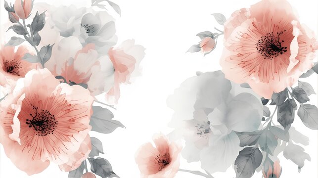 Soft floral watercolor illustration of delicate pink and white flowers with green leaves, elegant and serene design