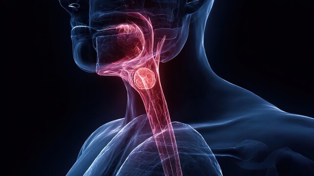 Medical visualization of esophageal cancer showing mucosal tumor pathology, endoscopic diagnosis, staging evaluation and comprehensive therapeutic approaches for gastrointestinal oncology research