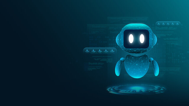 A futuristic blue robot with glowing features stands against a digital backdrop, symbolizing innovation and the rise of artificial intelligence.