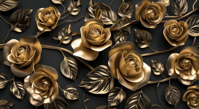 3D golden roses and leaves on black background, luxurious floral design for wall decoration and elegant interior art.
