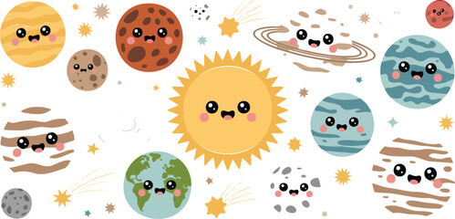 Cute Kawaii Solar System Vector Set Featuring Happy Cartoon Sun Planets Earth Saturn Mars Venus and Stars for Kids Education © MDALAMGIR