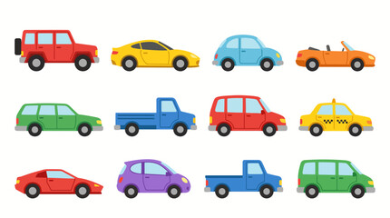 Fototapeta premium Colorful collection of toy cars on a white background, a playful assortment of miniature vehicles for kids, learning, and design projects