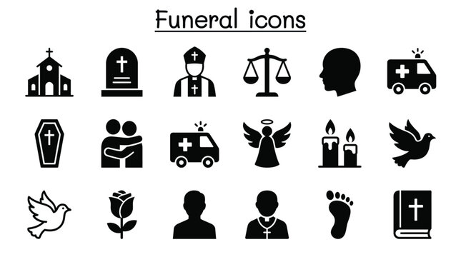 Vector graphic illustration of Funeral icons set, black silhouette symbols for memorial, burial, and mourning, EPS vector graphics Vector