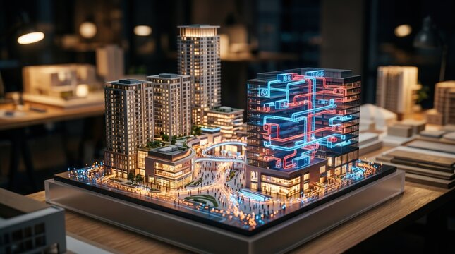 Sharp focus on a mixeduse complex digital twin featuring foot traffic patterns and HVAC system analytics with the rest of the scene softly blurred.