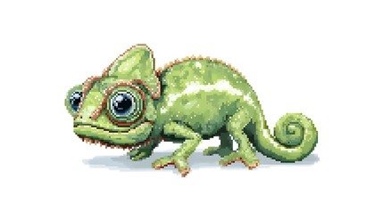 Fototapeta premium Cute Green Baby Chameleon Pixel Art Standing on White Background