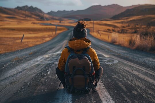 Person sitting at crossroads looking ahead with open mind and backpack. Road curves different directions symbolizing multiple future choices.