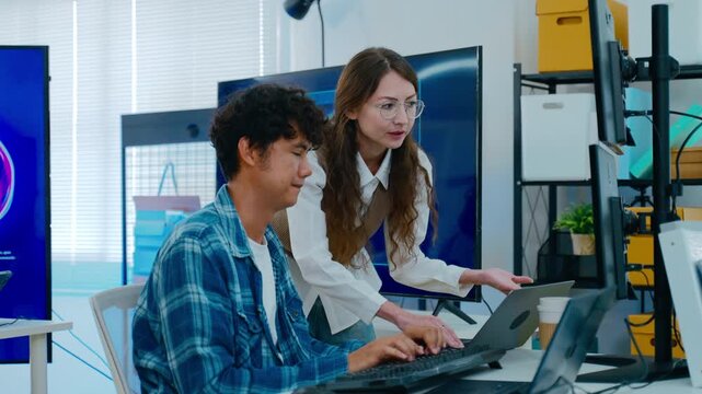 Diverse creative team of programmer develop ai assistant project together.Software engineer brainstorm about brain android robot,coding language,designer,artificial virtual intelligence with big data