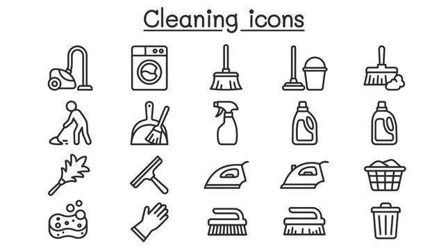 Vector graphic illustration of Cleaning icons set, black and white vector illustrations, household and janitorial services Vector