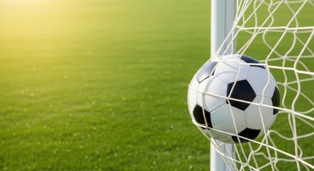 Fototapeta premium Classic soccer ball caught in the net on a green field during a match