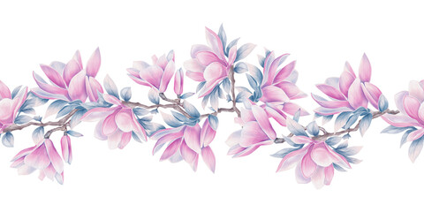 Magnolia flower seamless border pattern drawn in watercolor style with pink petals and green leaves, repeating design for women themed projects, greeting cards, holidays, packaging, textile and decor © Alona