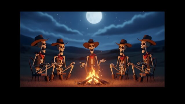Whimsical cartoon cowboy skeletons gathered around a crackling campfire under a luminous full moon, sharing tales and music in a dark desert night