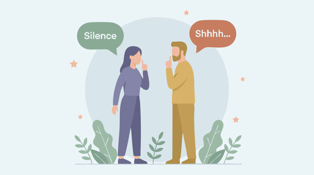 Man and woman making 'shhh' gesture with speech bubbles, silence concept