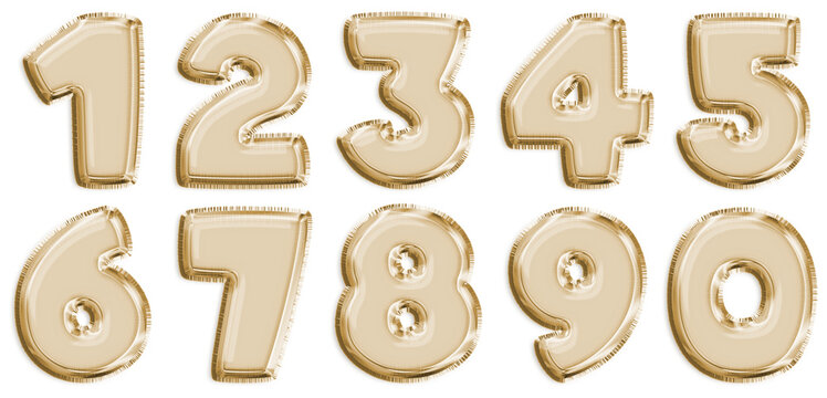 Realistic Gold Foil Balloon Numbers Set, 0-9 3D Golden Inflated Digits Collection on Transparent Background, Festive Party Decorative Symbols for Birthday and Anniversary Celebration