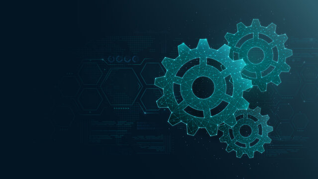 Futuristic gears illustrated with a digital design, symbolizing modern engineering and technological advancement in automation and robotics.