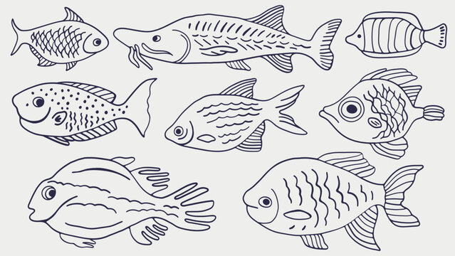 Tropical fishes hand drawn collection